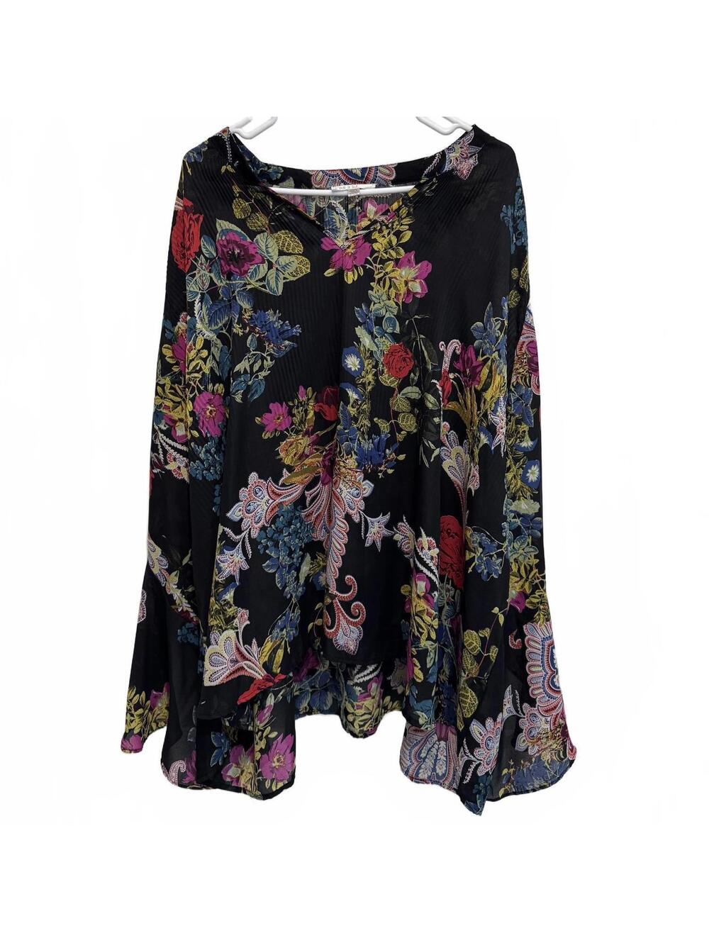 Spense Black Floral Accordion Bell Sleeve Blouse Plus Size 3X